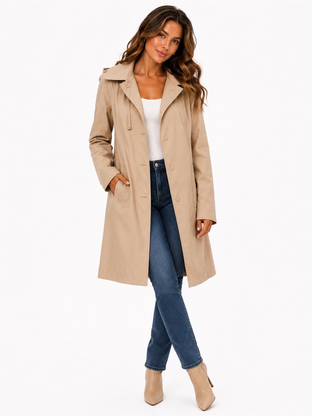 London Fog Size Medium Womens Light Beige Trench Coat with Plaid Interior